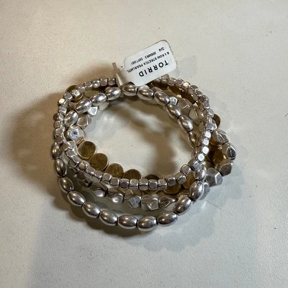 Torrid B 5 Row Stretch PearlMTL Bracelet Set Silver Gold Trendy Jewelry - Picture 2 of 3